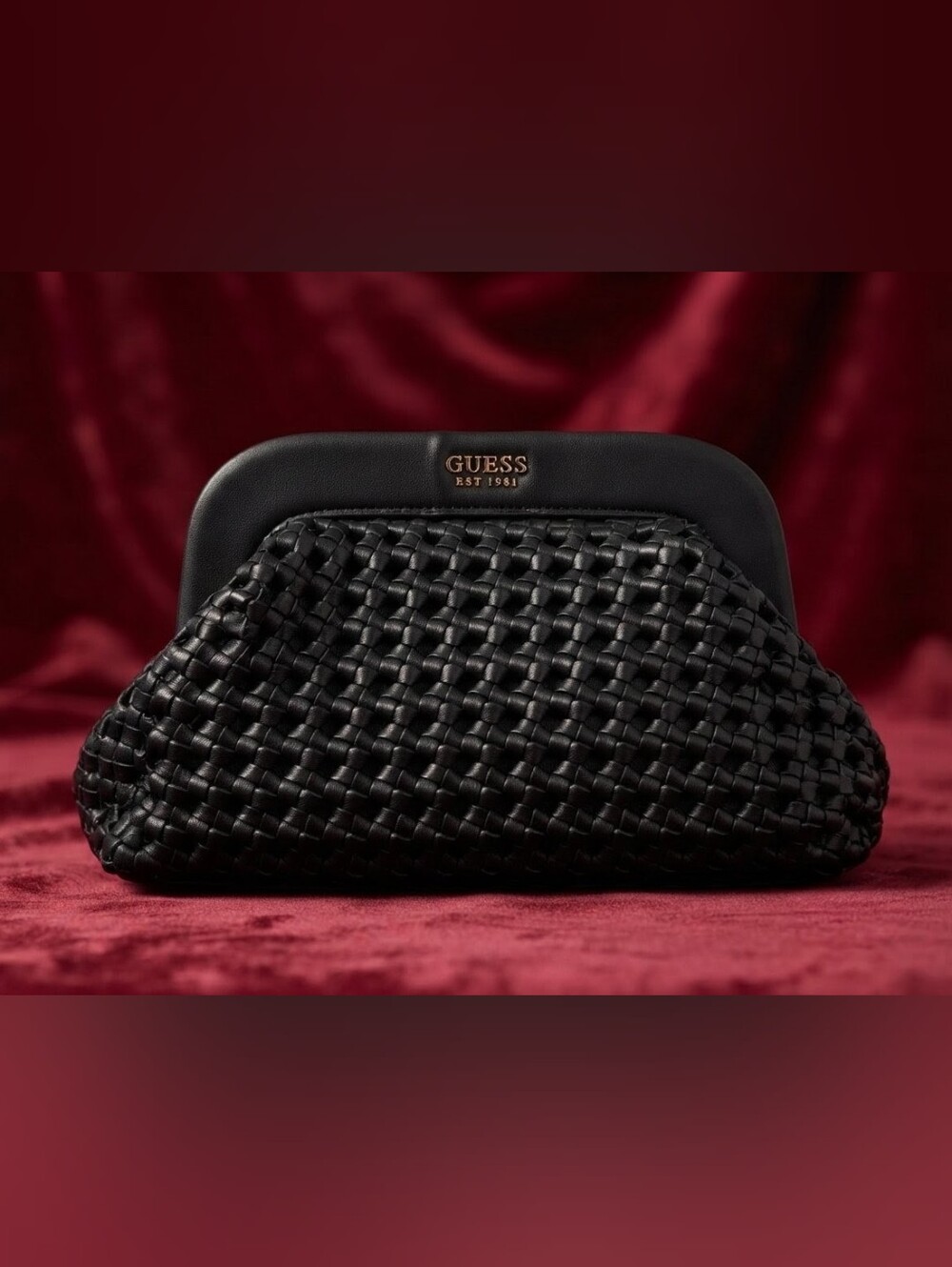 Vintage GUESS Black Woven Frame Clutch with Gold Logo